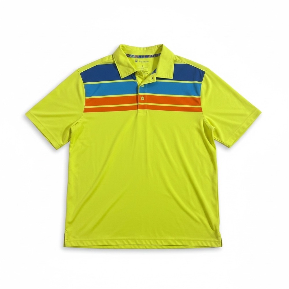 St Andrews of Scotland Mens Large Neon Yellow Striped Performance Golf‎ Polo